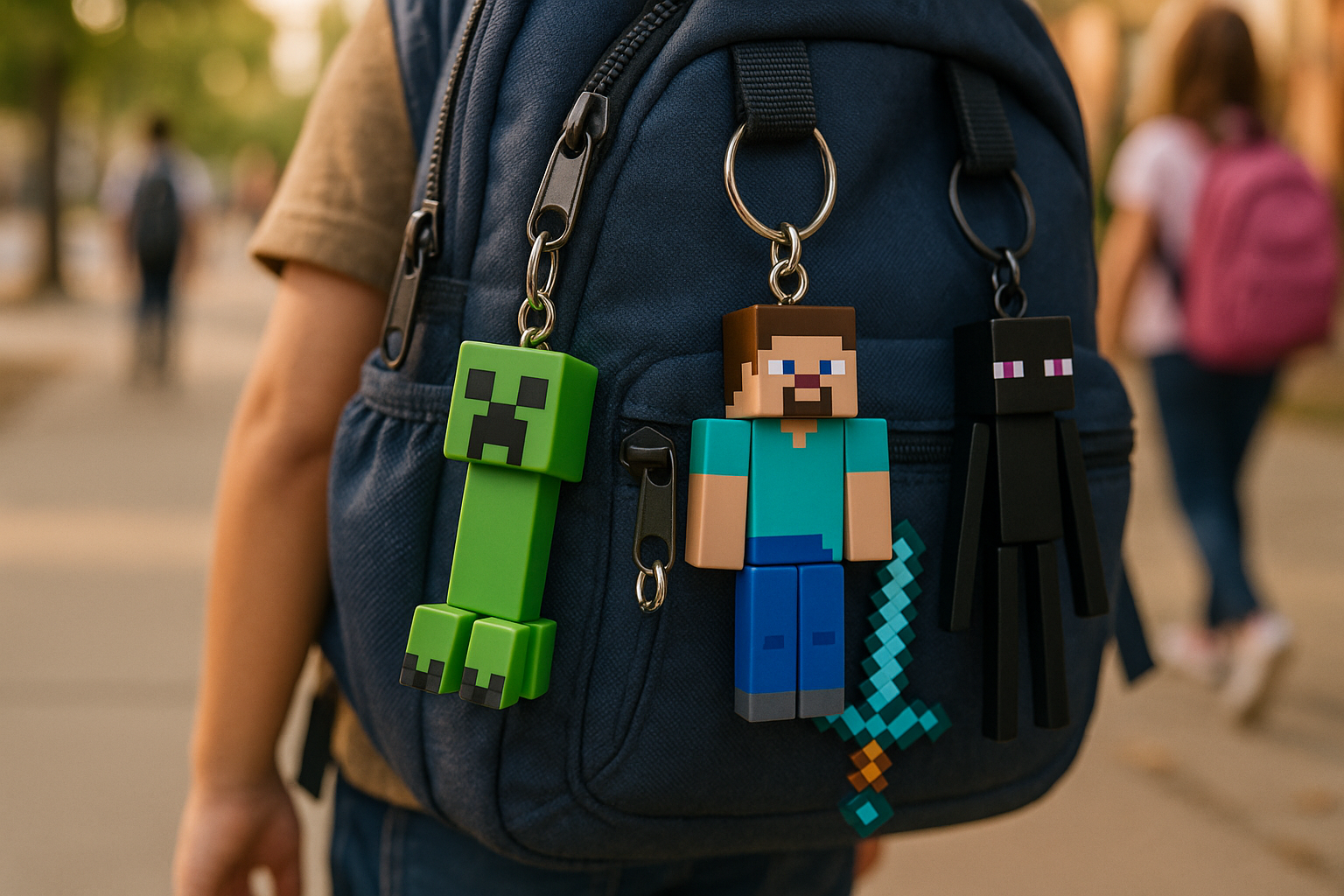 crea una imagen de varios llaveros minecraft puestos en una mochila de un niño, que parezca lo mas realista posible y que este en la calle como si saliera de la escuela, con amigos por detrás y que se vean los llaveros que es lo mas importante