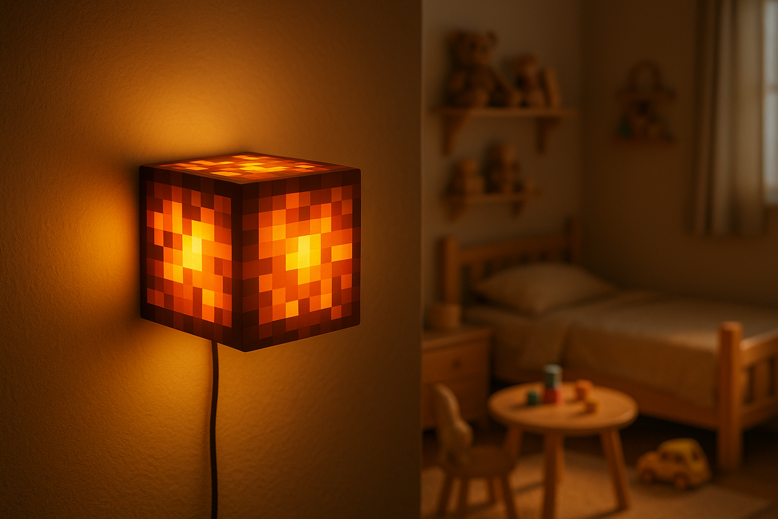 lampara de cubo de minecraft iluminando una habitación de un niño con un color cálido y que este colgada en una pared