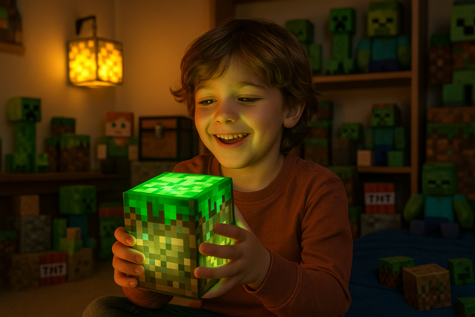 puedes hacer un niño jugando con un cubo de minecraft que tenga luz, y al fondo otro cubo colgado de una pared con una habitación de fondo llena de juguetes de minecraft, uno de los cubos con una luz verde y el otro con una luz amarilla