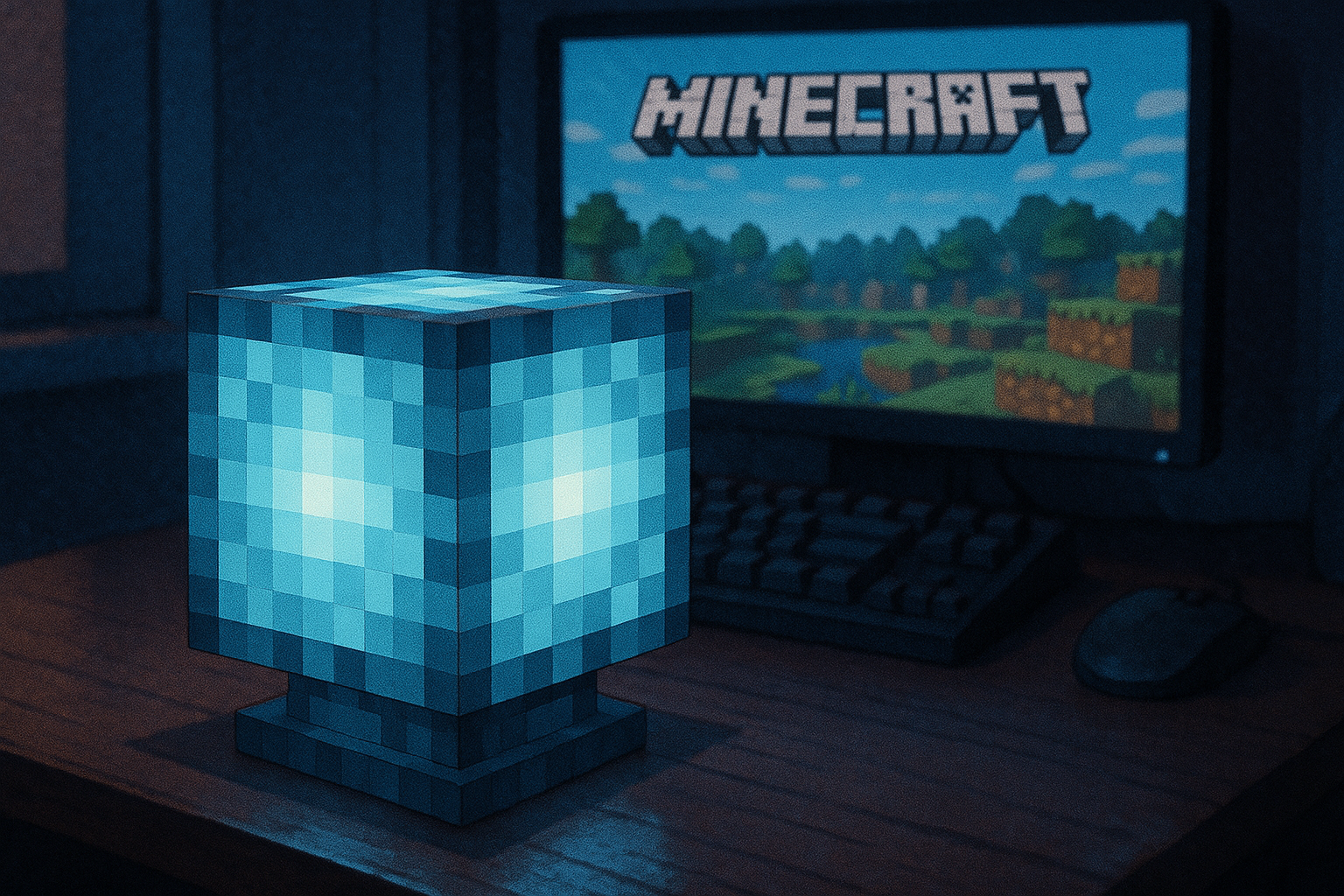 Quiero una imagen de la misma lampara que antes pero ahora encima de un escritorio con otro tipo de luz, una luz azul clarito por ejemplo, que se vea como la imagen anterior así con pixeles, que salga un ordenador de fondo y en la pantalla del ordenador que salga una portada de minecraft 